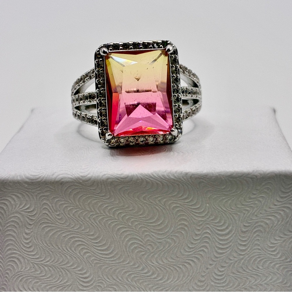 BP Lab Created Watermelon Tourmaline Ring. Pinkish-Red, Fade to Yellow Color